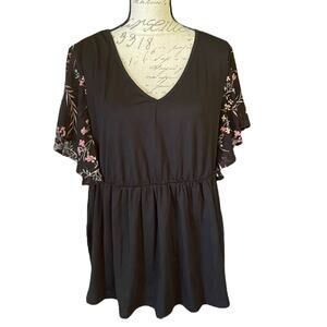 Bloomchic Black V Neck Front Flutter Floral Sleeve Shirt Plus Size 14-16